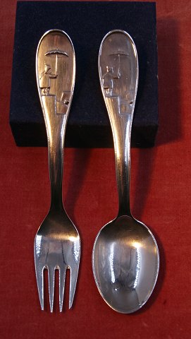 Ole Lukøje barnebestik i sølv. Sæt barneske og gaffel 14,5cm